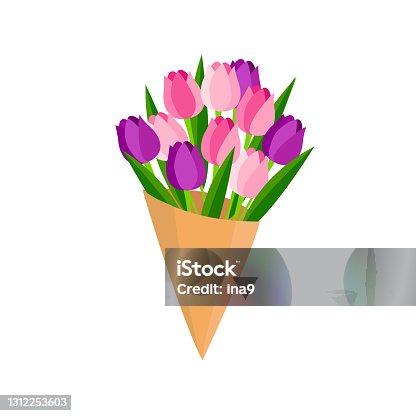 istock Colorful pink tulips bouquet on isolated white background. Beautiful bunch of spring flowers with long leaves inside bouquet. Vector illustration flat style 1312253603