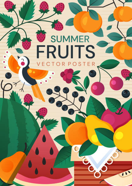 Colorful poster design of healthy Summer Fruit Colorful poster design of healthy Summer Fruit with berries, apple, citrus, pears, cherries and watermelon, colored vector illustration gardening borders stock illustrations