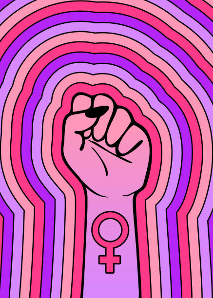 Colorful poster with female raised clenched fist with a Venus sign. Colorful poster with female raised clenched fist with a Venus sign. women's rights stock illustrations