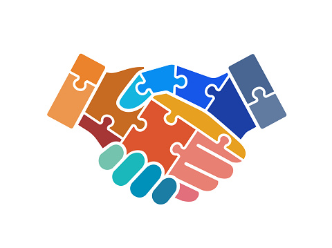 Colorful puzzle handshake vector icon