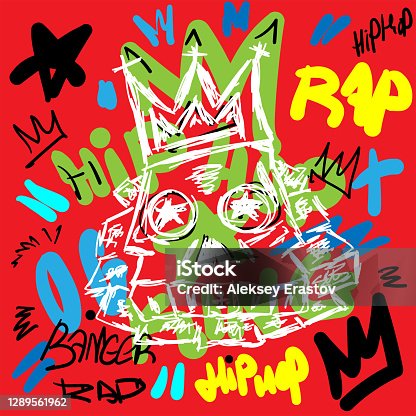 istock Colorful rap print with skull and text drawn by hand. Sketch, doodle, scribble. Vector illustration. 1289561962