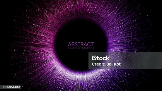 istock Colorful rays with glowing particles fly out of black hole. Vector illustration 1355451300