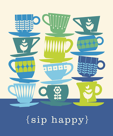 colorful retro illustration of stacks of tea cups. sip happy.