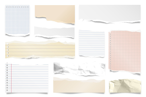 Colorful ripped paper strips isolated on white background. Realistic lined paper scraps with torn edges. Sticky notes, shreds of notebook pages. Vector illustration