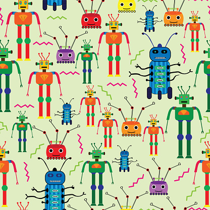 colorful robots design seamless pattern;