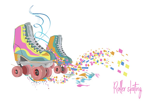 Colorful roller skates decorated with paint splashes and waves on white background. Sport poster.