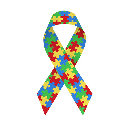 Colorful satin puzzle ribbon as symbol autism awareness. Isolated vector illustration