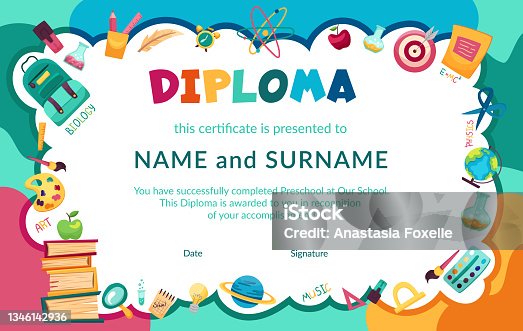 istock Colorful school and preschool diploma certificate for kids and children in kindergarten or primary grades with school pack, kit. Vector cartoon flat illustration 1346142936