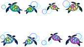 Frame illustration with colorful sea turtles lined up.