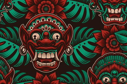 A colorful seamless background with traditional Indonesian masks