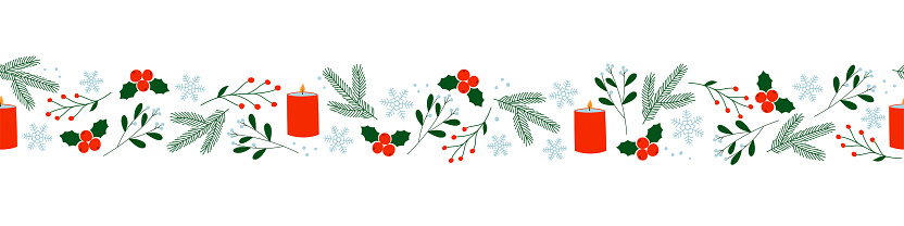 Colorful seamless Christmas border with winter plants and berries.