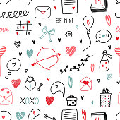 Colorful seamless pattern with love hand drawn doodles for St.Valentine s day with hearts, bow, arrows, poison, lettering, calendar, garland, lanterns, letter, gift, balloon, conversation cloud, speech bubble on white background.