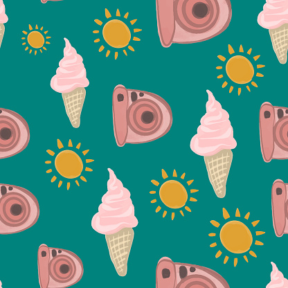 Colorful seamless summer pattern with hand drawn beach elements.