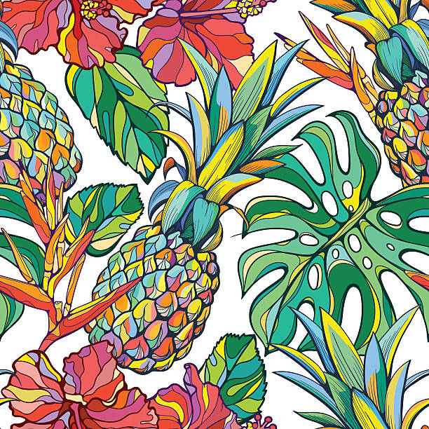 Colorful seamless vector tropical pattern Seamless vector background with pineappels and tropical flora tropical fruit stock illustrations