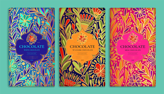 Colorful set of chocolate bar packaging design in abstract style. Vector luxury template with ornament elements. Can be used for background and wallpaper. Great for food and drink package types.