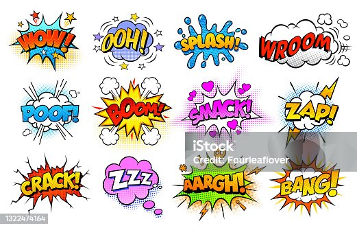 istock Colorful set of comic icon in pop art style. Wow, Bang, Pow, Omg, Boom, Zap, Cool, Oh, Like 1322474164
