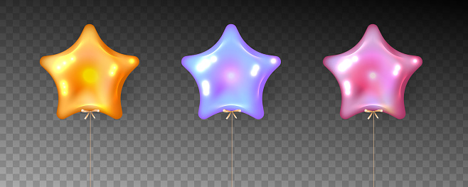 Colorful set of star shape balloons on transparent background.