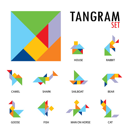 Colorful set of tangram game icons made with geometry shapes in abstract style, includes animal, vector illustration.