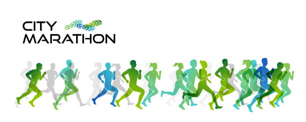 Colorful silhouettes of running people. Conceptual vector illustration of marathon. Sport background with mans and womans in active lifestyle. Sport colorful background with silhouettes of running people and city backdrop. Vector illustration with mans and womans in active lifestyle. Concept of marathon or jogging or run festival running borders stock illustrations