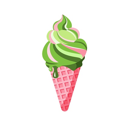 Colorful Soft Serve Ice Cream in Cone Isolated on White Background. Vector Illustration.