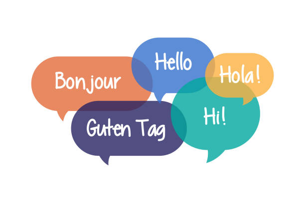 Colorful Speech Bubbles set with Hello in Different Languages Colorful Speech Bubbles set with Hello in Different Languages - Bonjour, Hello, Hi, Hola, Guten Tag greeting stock illustrations