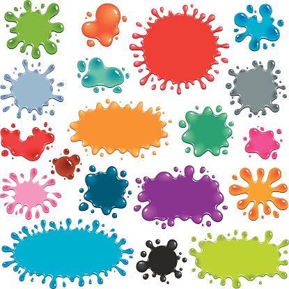 Vector illustration of 19 colorful splats. Each splat is a different vibrant color in a shade of blue, green, orange, red, grey, pink or purple. The splats have darker or lighter areas that imply greater thickness of material, and white highlights that indicate light reflection, making them appear to be shiny.