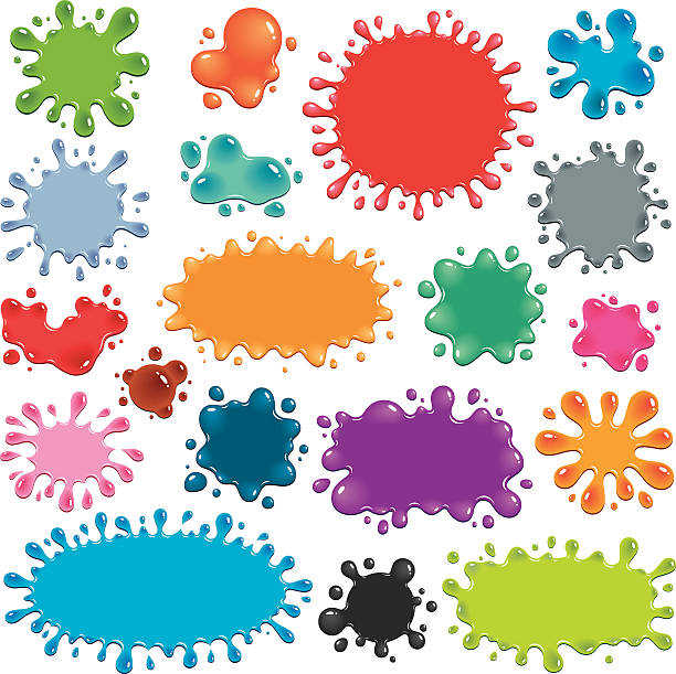Colorful Splats Vector illustration of 19 colorful splats. Each splat is a different vibrant color in a shade of blue, green, orange, red, grey, pink or purple. The splats have darker or lighter areas that imply greater thickness of material, and white highlights that indicate light reflection, making them appear to be shiny. gelatin dessert stock illustrations