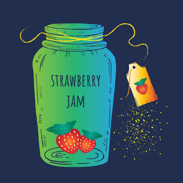 ilustrações de stock, clip art, desenhos animados e ícones de colorful strawberry jam jar with tag hand drawn on dark background - natural organic doodle tag