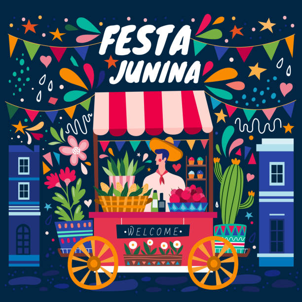 ilustrações, clipart, desenhos animados e ícones de vendedor ambulante colorido na festa junina - festa junina