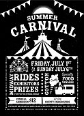 Vector illustration of a Colorful Summer Carnival Poster design template. Includes creative placement text, carnival tent, cotton candy, food truck, ferris wheel and design elements. Colorful and vibrant easy to edit or customize.