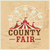 Vector illustration of a Colorful Summer County Fair emblem design template. Includes creative placement text, carnival tent, ferris wheel and design elements. Colorful and vibrant easy to edit or customize.
