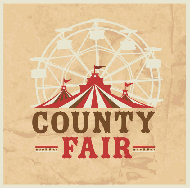 Colorful Summer County Fair emblem design template Vector illustration of a Colorful Summer County Fair emblem design template. Includes creative placement text, carnival tent, ferris wheel and design elements. Colorful and vibrant easy to edit or customize. farmers market stock illustrations