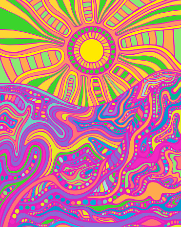 Colorful summer landscape with sun and mountains. Vector hand drawn cartoon bright neon colors background. Retro hippie style psychedelic landscape.