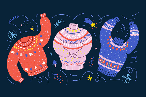 Colorful sweaters decorated with christmas ornaments. Traditional christmas ugly sweaters with embroidery. Cute hand drawn cartoon style, colorful vector illustration.