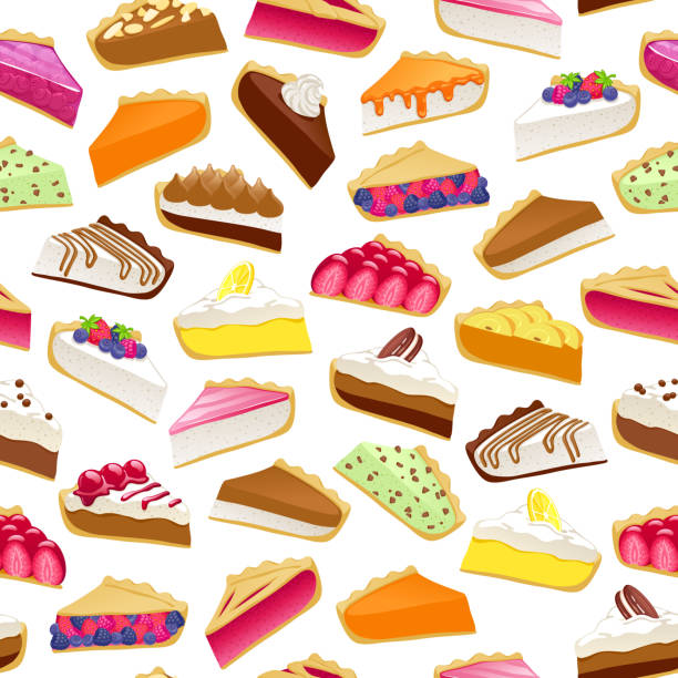 Colorful sweet cakes slices seamless background Colorful sweet cakes and pies slices seamless background. Vector pattern illustration. sweet pie stock illustrations