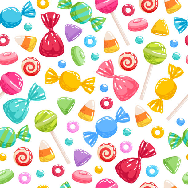 Colorful sweets icons background - vector illustration. Colorful sweets icons background - spiral candy, lollipops, jelly, candy corn vector illustration. candy designs stock illustrations