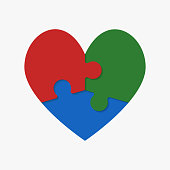 Colorful pieces puzzle of romantic heart. Icon, logotype, logo vector puzzle illustration. Jigsaw on Valentine Day. Love, medical, relationship symbol. Autism awareness. Three slices, pieces parts heart.
