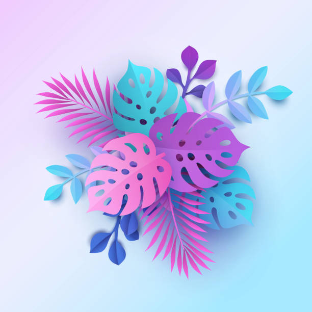 Colorful tropical leaves background in modern paper cutting style. Bouquet, pastel botanical backdrop, jungle nature Colorful tropical leaves background in modern paper cutting style. Bouquet, pastel botanical backdrop, jungle nature, bright colors of blue, pink and purple hues. Digital craft style tropical pattern stock illustrations