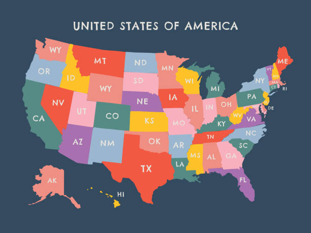 illustrazioni stock, clip art, cartoni animati e icone di tendenza di illustrazione colorata della mappa vettoriale degli stati uniti con etichette di stato - stati uniti d'america