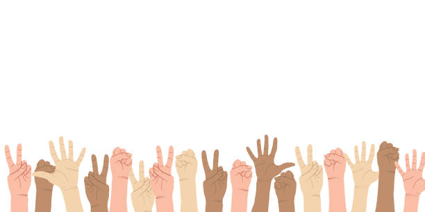 Colorful up hands set with different gestures. Different but equal and diversity skins hands up, multiethnic community. Vector border in flat cartoons style. Horizontal background with place for text. Colorful up hands set with different gestures. Different but equal and diversity skins hands up, multiethnic community. Vector border in flat cartoons style. Horizontal background with place for text. voting borders stock illustrations
