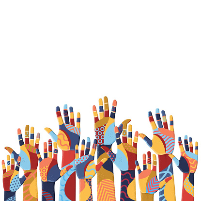 Colorful up hands. Volunteers. Vector illustration, an association, unity, partners, company, friendship, friends party background. Vector illustration. Concept for design