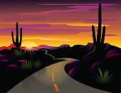 Illustration of highway through desert with Suguaro cactus, mountains and sun.  Contains AI and jpg.