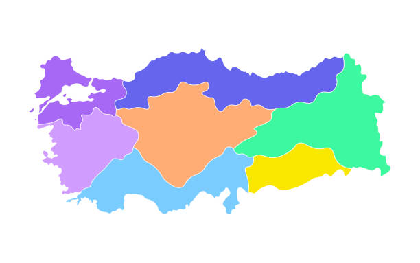Colorful vector isolated simplified map of Turkey regions. Borders of administrative divisions Colorful vector isolated simplified map of Turkey regions. Borders of administrative divisions. White background territorial animal stock illustrations