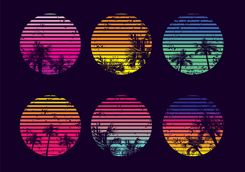 Vector illustration of a Colorful vintage sunset collection with palm leaves and trees in vibrant gradient colors 70s 80s Retro sunset set. Easy to edit.