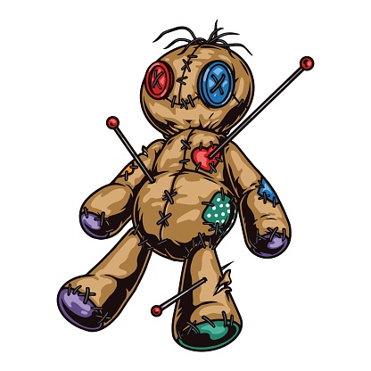 Colorful voodoo doll with needles in vintage style isolated vector illustration