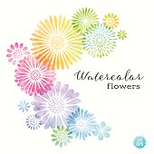 Multi colored watercolor flowers.EPS 10 file contains transparencies.File is layered with global colors.Only gradients used.Hi res jpeg without text included.More works like this linked below.http://www.myimagelinks.com/Lightboxes/spring_files/shapeimage_2.png