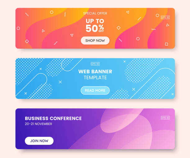 ilustrações de stock, clip art, desenhos animados e ícones de colorful web banner concept with push button. collection of horizontal promotion banners with gradient colors and abstract dynamic shapes. header design for website. vibrant background. - display ad