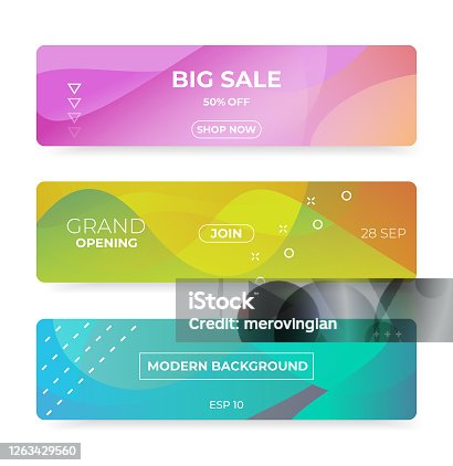 istock Colorful web banner with push button. Promotion banners with abstract liquid shapes. 1263429560