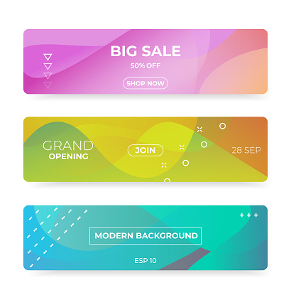 Colorful web banner with push button. Promotion banners with abstract liquid shapes.