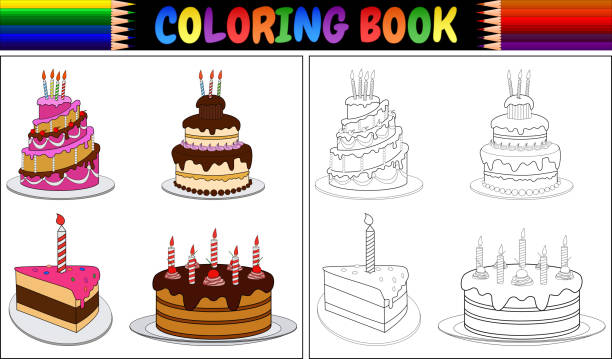 Coloring book birthday cake with candles Vector illustration of Coloring book birthday cake with candles cupcakes coloring pages stock illustrations